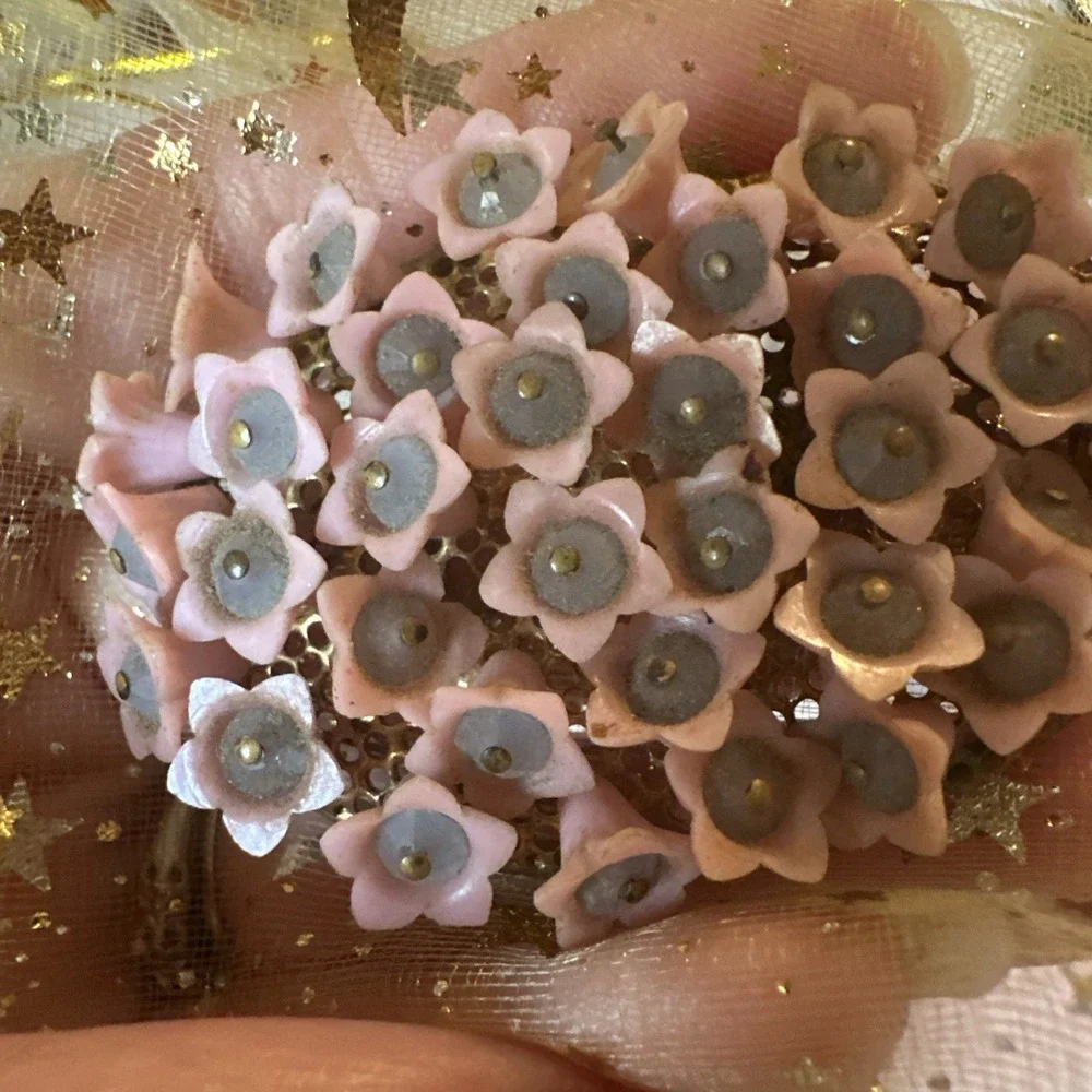 vintage, unsigned Miriam Haskell brooch delicate cluster of pink glass flowers